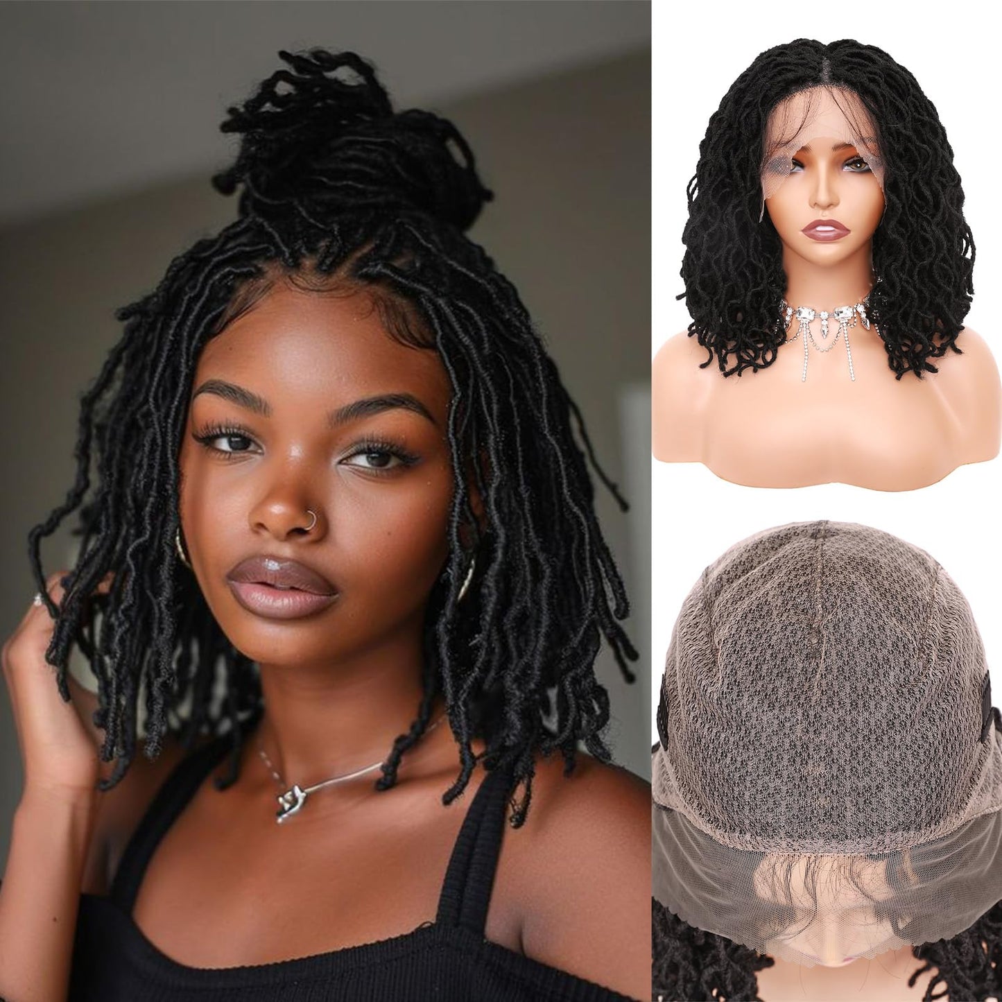 Lady Miranda 14 Inch Full Lace Dreadlock Wig with Baby Hair 150% Density Pre-Plucked Braided Wig Natural Black Faux Locs Wig Braided Wigs for Black Women Knotless Short Twist Wig for Women and Men