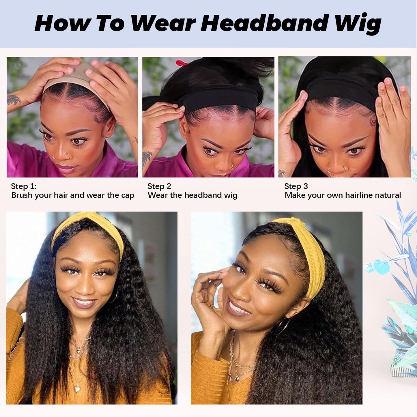 G&T Wig Yaki Straight Headband Wigs for Black Women Synthetic Yaki Headband Wig Long Kinky Straight Hair Wigs With Hair Band Attached 22 inch Full Machine Made None Lace Front Wig Natural Black Color