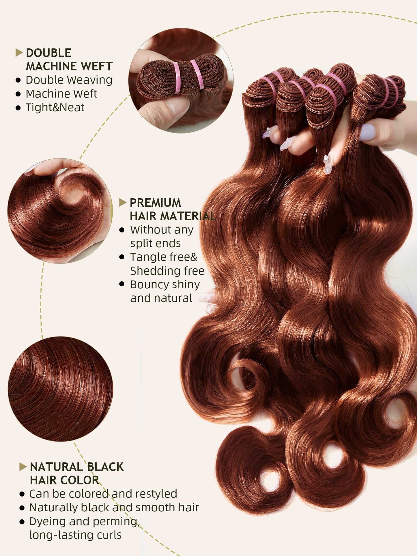 Human Hair Bundles 4 Bundles 16 18 20 22 Inch Hair Extensions Reddish Brown Copper Red Body Wave Bundle Human Hair 100% Unprocessed Brazilian Virgin Hair Quick Weave Bundle human hair L4