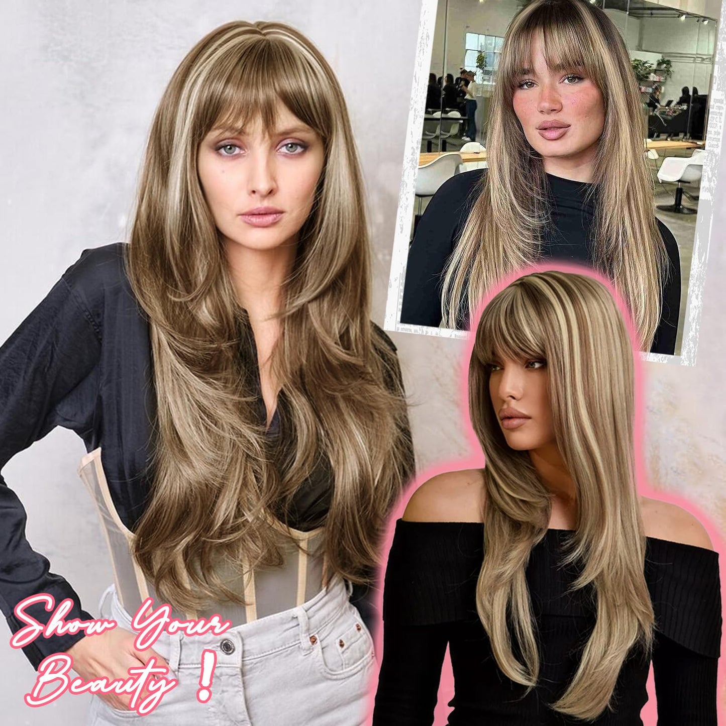 NOVFLKW Brown Long Straight Layered Wig with Bangs for Women 26 inch Light Brown with Blonde Put on Go Realistic Synthetic Heat Resistant Natural Wig for Girls Party Cosplay and Daily Use