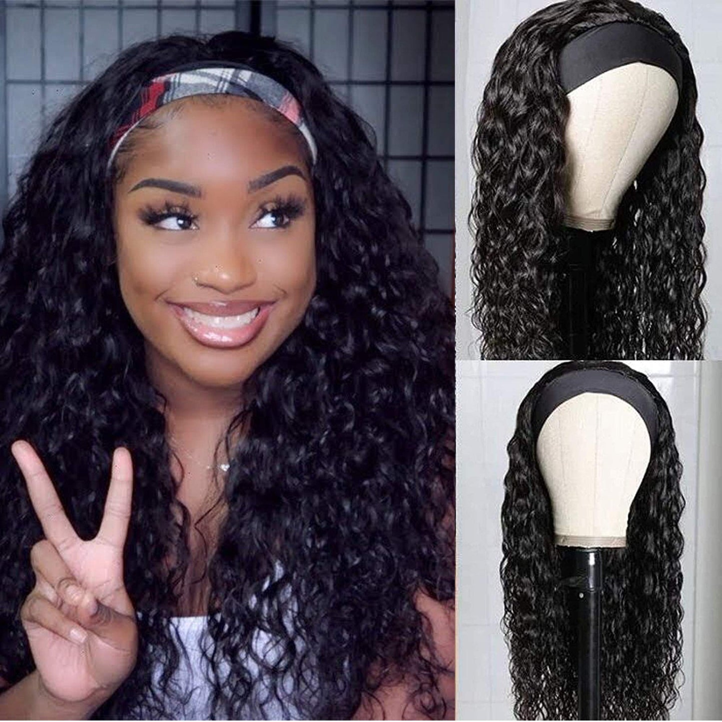 UNICE Headband Human Hair Wig Water Wave Glueless None Lace Front Headband Wig Brazilian Virgin Hair Wigs for Women 150% Density (20 inch)
