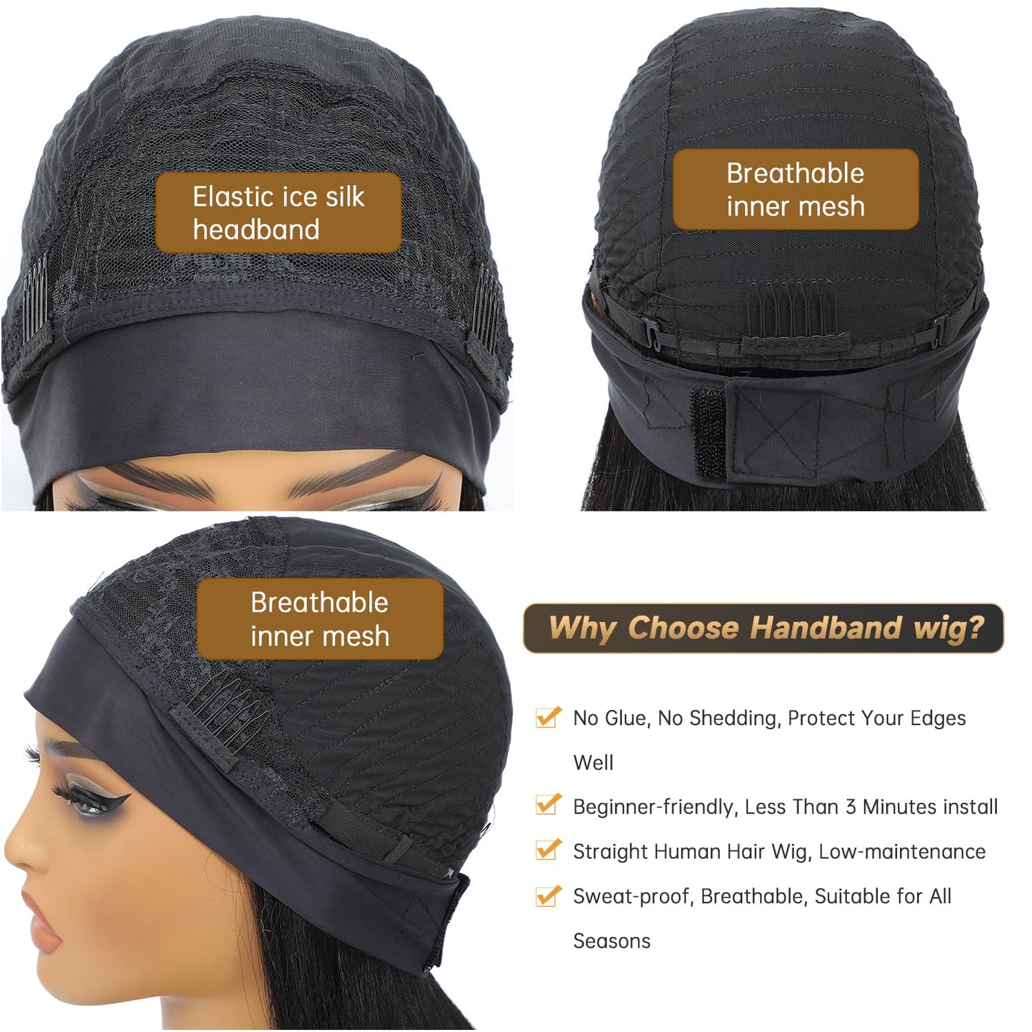 XC CLOUDS Headband Wigs Human Hair 8 Inch Bob Headband Wigs For Black Women Wear And Go Short Bob Wigs Glueless Wigs Human Hair Natural Black Headband Wig Human Hair Straight 150% Density