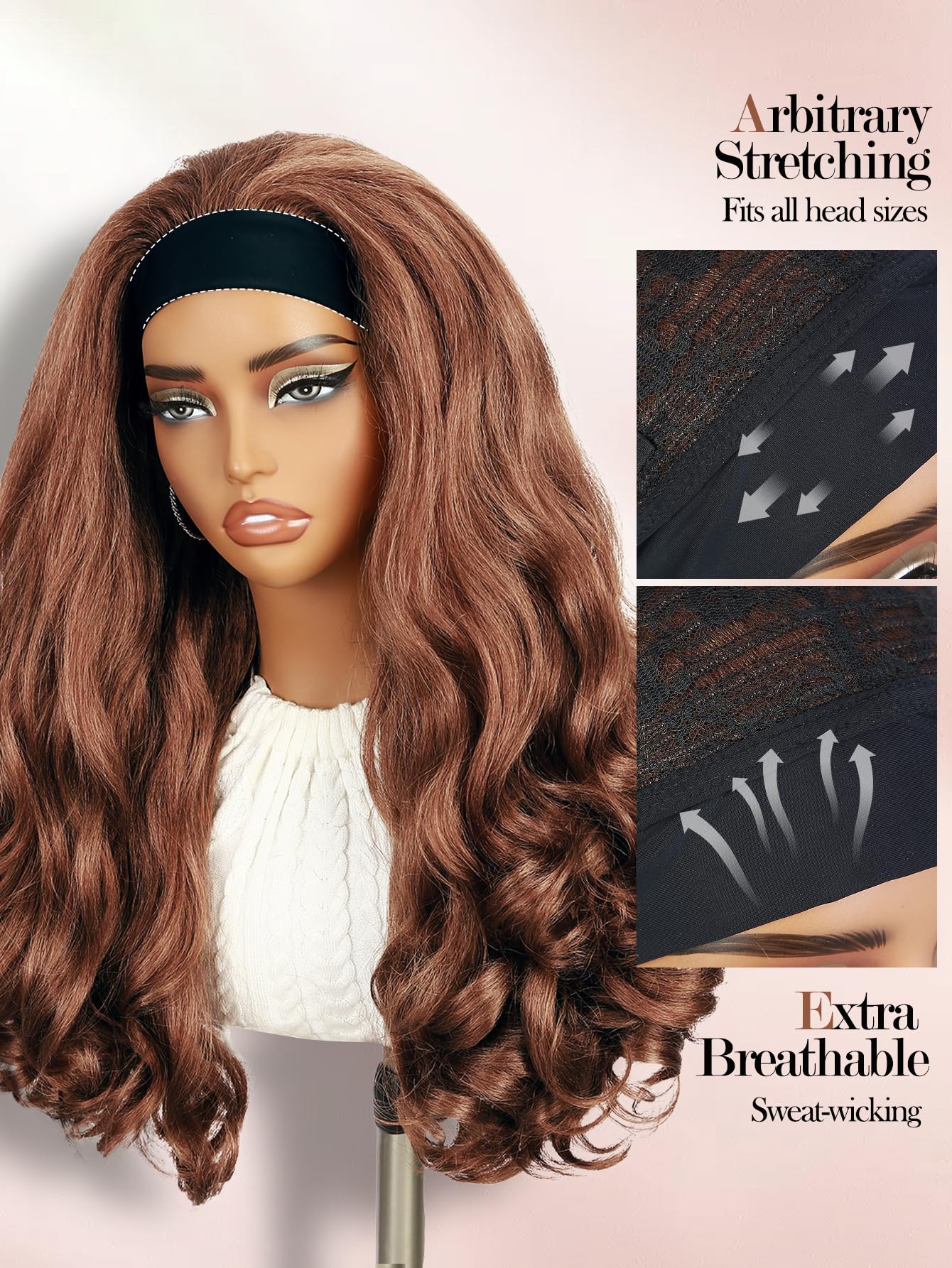 FANCEE Yaki Wavy Headband Wigs Honey Brown Kinky Straight Wear and Go Wig with Curly Wavy Ends for Mom on the Go Synthetic Headband Blow Out Style Natural Hair Wig for Black Women 27/30