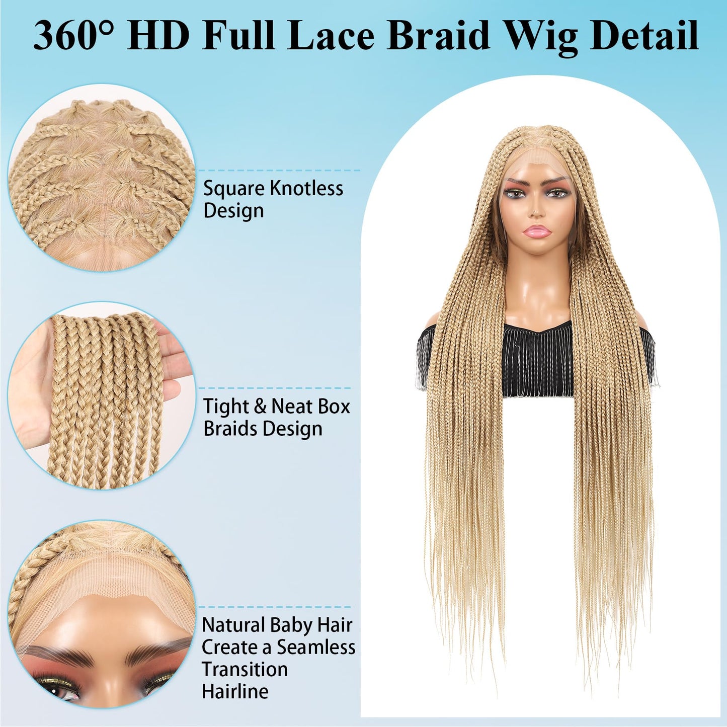 Olymei 360° HD Full Lace Knotless Braided Wigs for Women Box Braid Wig with Baby Hair Premium Synthetic Long Light Brown Ombre Blonde Braided Lace Front Wigs 36"