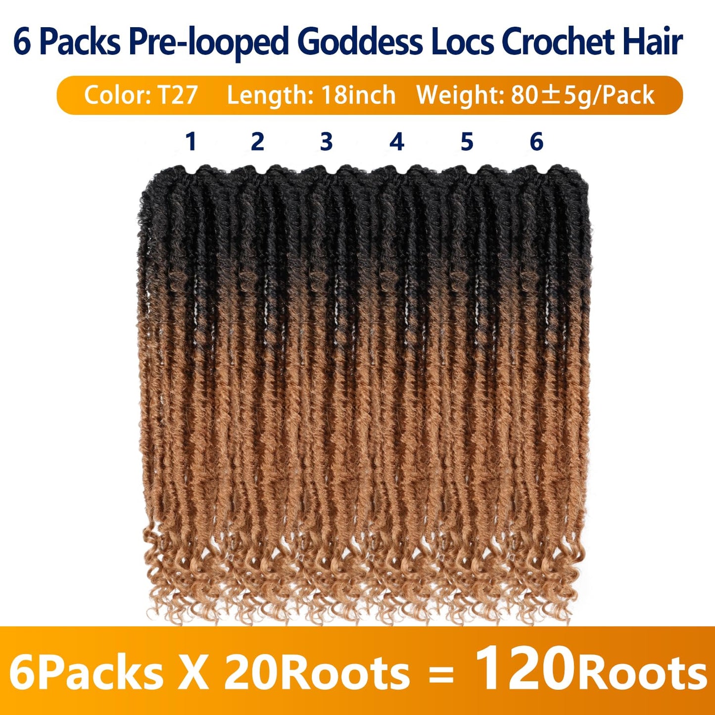 6 Packs Goddess Locs Crochet Hair, 18 Inch Straight Faux Locs Crochet Braids, Pre-Looped Curly Soft Synthetic Ombre Braiding Hair Extensions for Black Women(18 Inch, 6 Packs, 1B/27#)