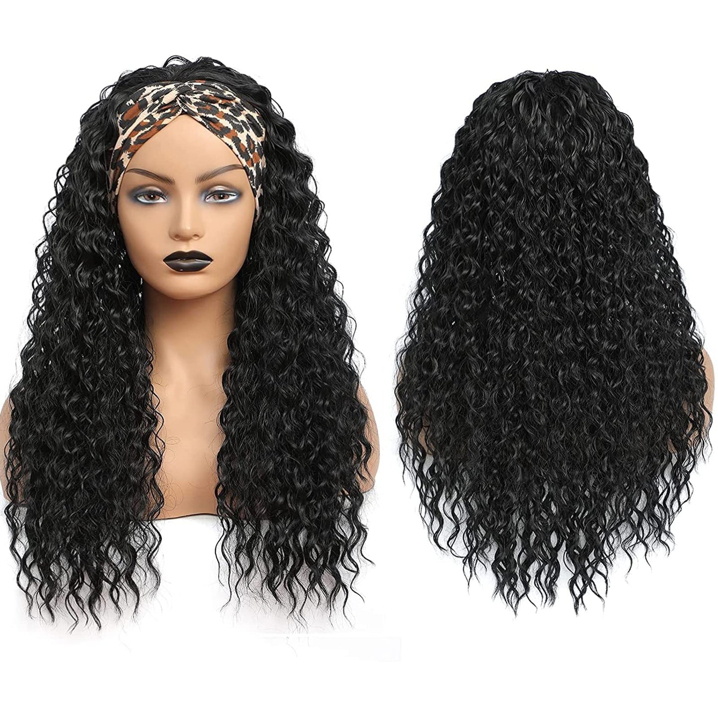 Headband Wig Water Wave Headband Wigs for Women Black Synthetic Curly Headband Wig 26 Inch Glueless Half Wig 180% Density Wigs with Headbands Attached Natural for Daily Use (26 Inch (Pack of 1), 1B)
