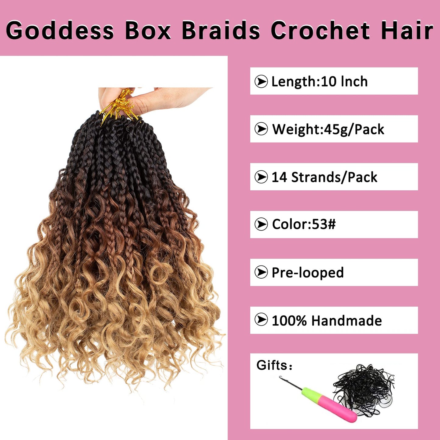 COOKOO 10 Inch Goddess Boho Box Braids Crochet Hair for Women 8 Packs Synthetic Curly Ends Crochet Hair Pre Looped Ombre Brown Bohemian Afro Twist Braiding Hair 53#