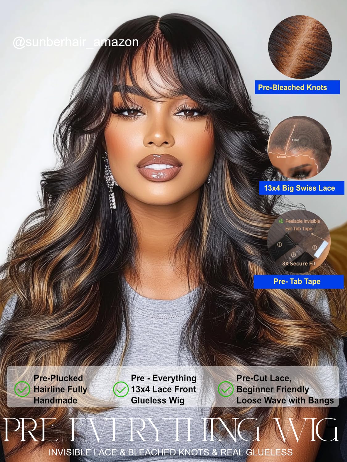 Sunber Ombre Brown Loose Body Wave With Bangs Pre Everything Glueless 13x4 HD Lace Front Human Hair Wig 180% Density Highlight Balayage Pre cut Lace Pre Plucked Bye Bye Knots Drawstring Wig 18Inch