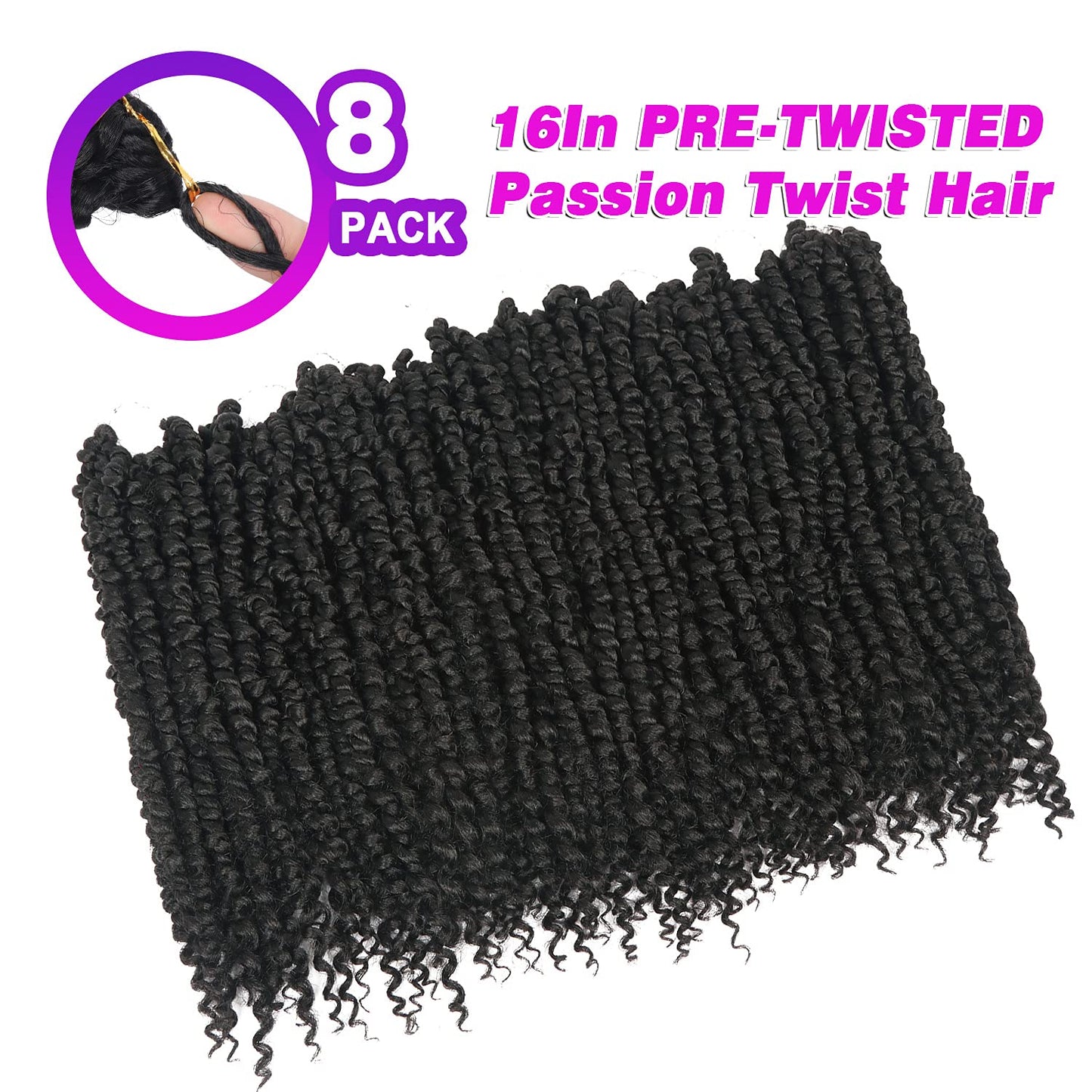Bileaf Passion Twist Crochet Hair Pre-twisted 16 Inch 8 Packs Crochet Passion Twist Hair, Soft Pre Looped Passion Twist Crochet Braids Bohemian Crochet Hair for Women Girls and Kids 1B