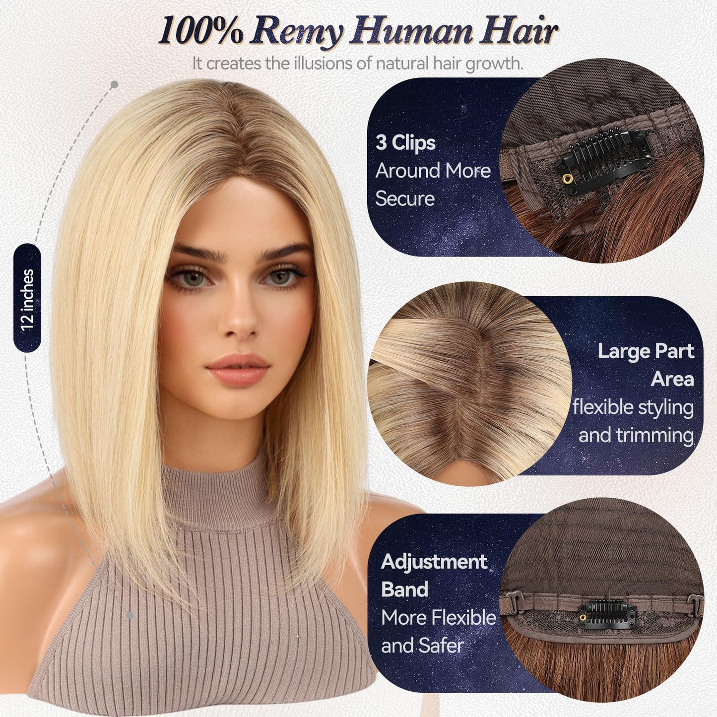 starluck Human Hair Wig for Women Blonde Wigs Real Human Hair Wigs Ombre Light Blonde Layered Bob Wig 12 Inch Silk Base Realistic and Resistant for Daily Party Use
