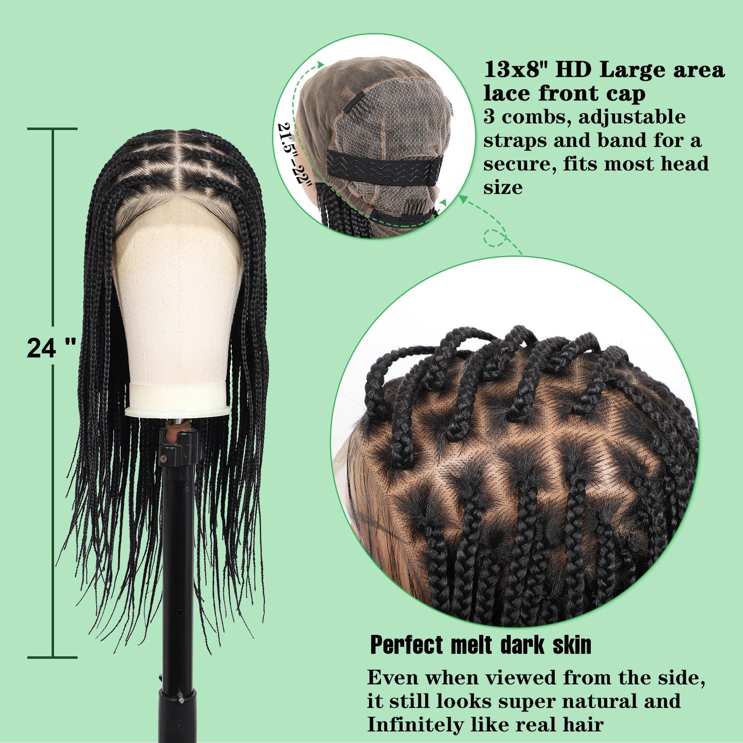 Youthfee 13x8 HD Lace Front Box Braided Wigs for Women Knotless Braided Lace Wig With Baby Hair Full Lace Braiding Wig 24" Human Hair Blended Braid Lace Front Wigs