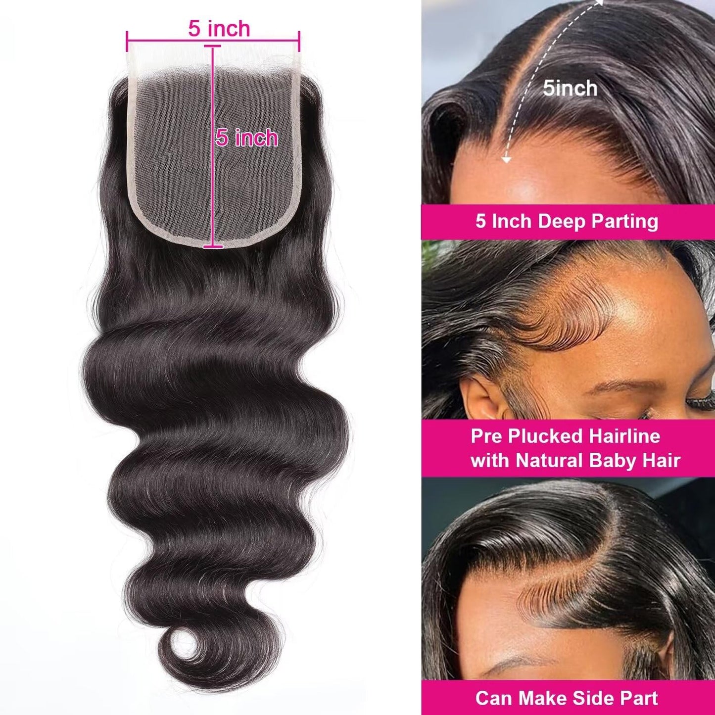 5x5 Transparent HD Lace Closure Body Wave Human Hair Closure Invisible Ultra-thin 5x5 Lace Closure Brazilian Raw Virgin Human Hair Pre Plucked Natural Black 16 Inch