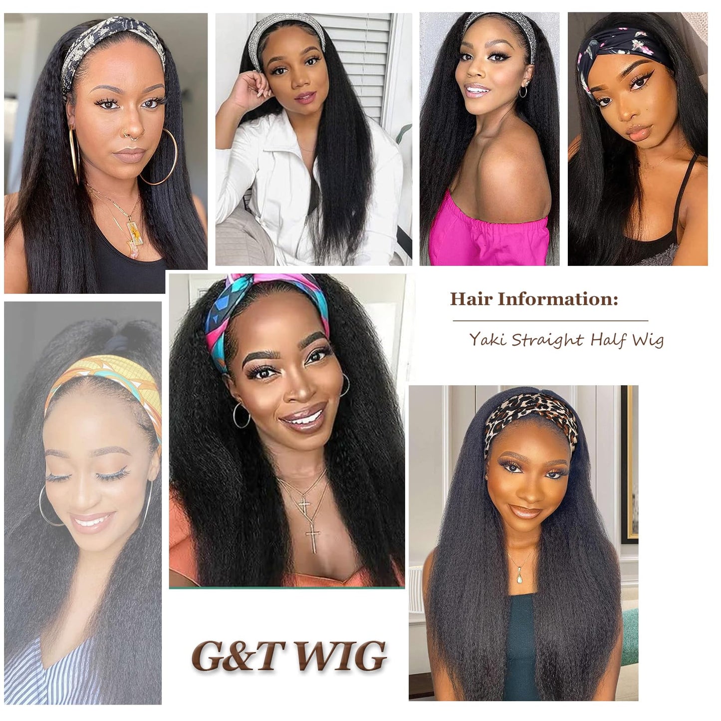 G&T Wig Yaki Straight Half Wig with Braided Hair Band Wear and Go Glueless Wig for Black Women Heat Resistant Synthetic Wigs for Daily Use (24 inch)