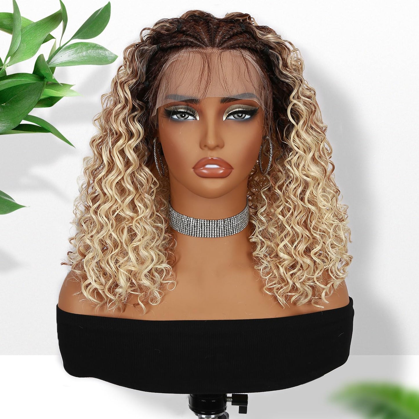 Fancy Hair Braided Wig Cornrow with Curly Hair Wig HD Lace Front with Baby Hair Pre Plucked Glueless Transparent 13x4 Inch Lace Frontal Wig for Black Women (Ombre Blonde, 16 inches)