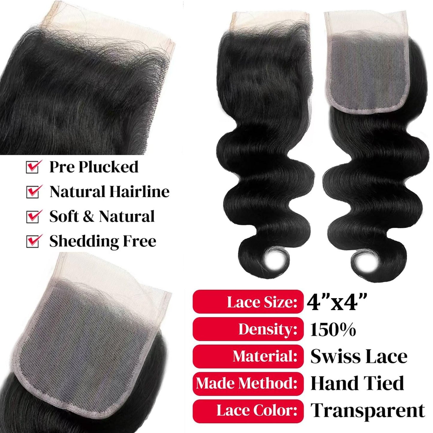 Tryfey Human Hair Bundles with Closure Body Wave (12 14 16+10,Free Part) 12A Grade 100% Unprocessed Brazilian Virgin Hair 3 Bundles Deals Real Human Hair Extensions For Black Women Natural Black