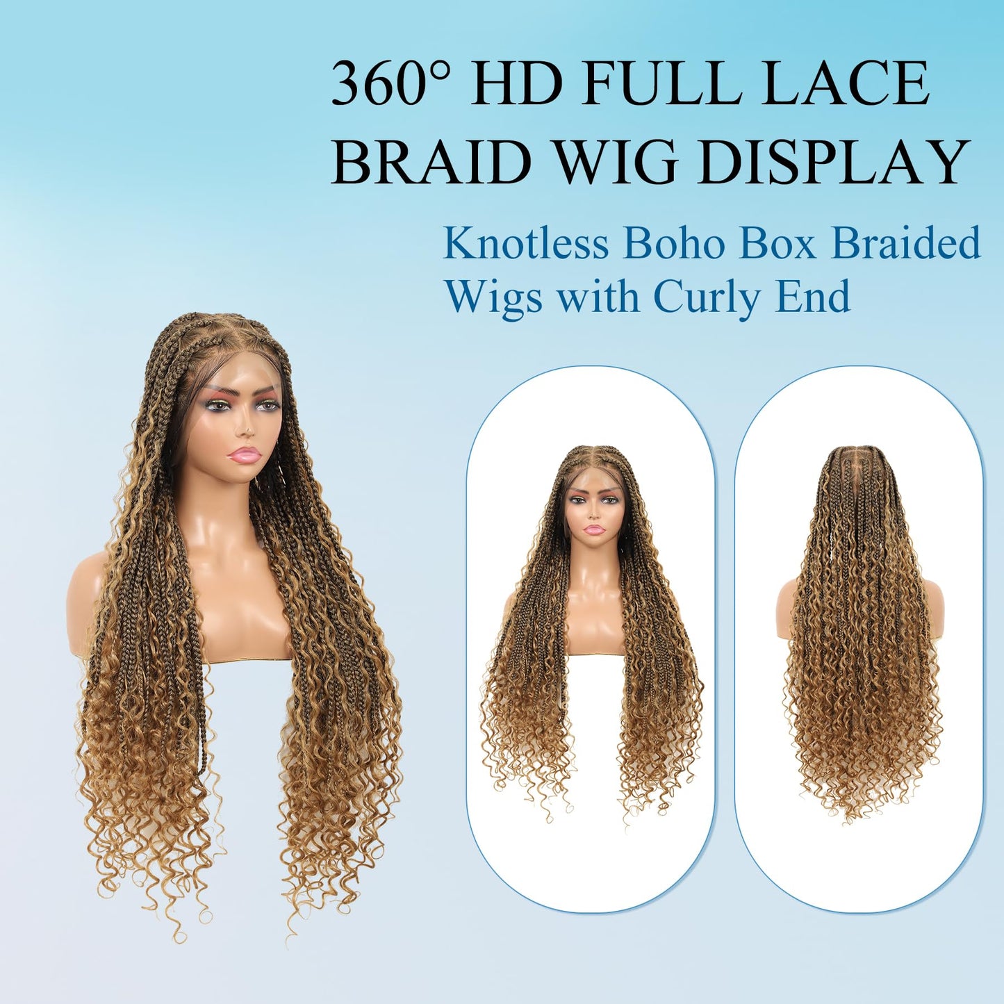 Olymei 360° HD Full Lace Front Knotless Braided Wigs for Black Women Boho Braided Wigs with Baby Hair Box Braid Wig Premium Synthetic Braid Lace Front Wig with Curly End Light Brown 36"