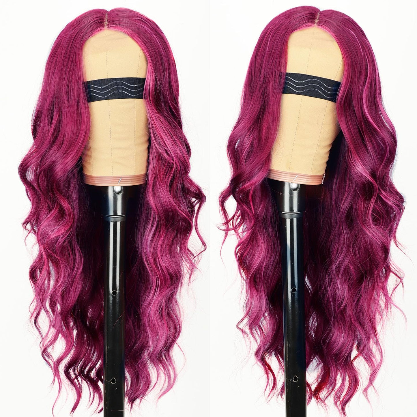 AISI HAIR Burgundy Mixed Rose Red Wig for Women, Long Wavy Lace Hairline Middle Part Synthetic Heat Resistant Wig for Daily Party-26 Inch