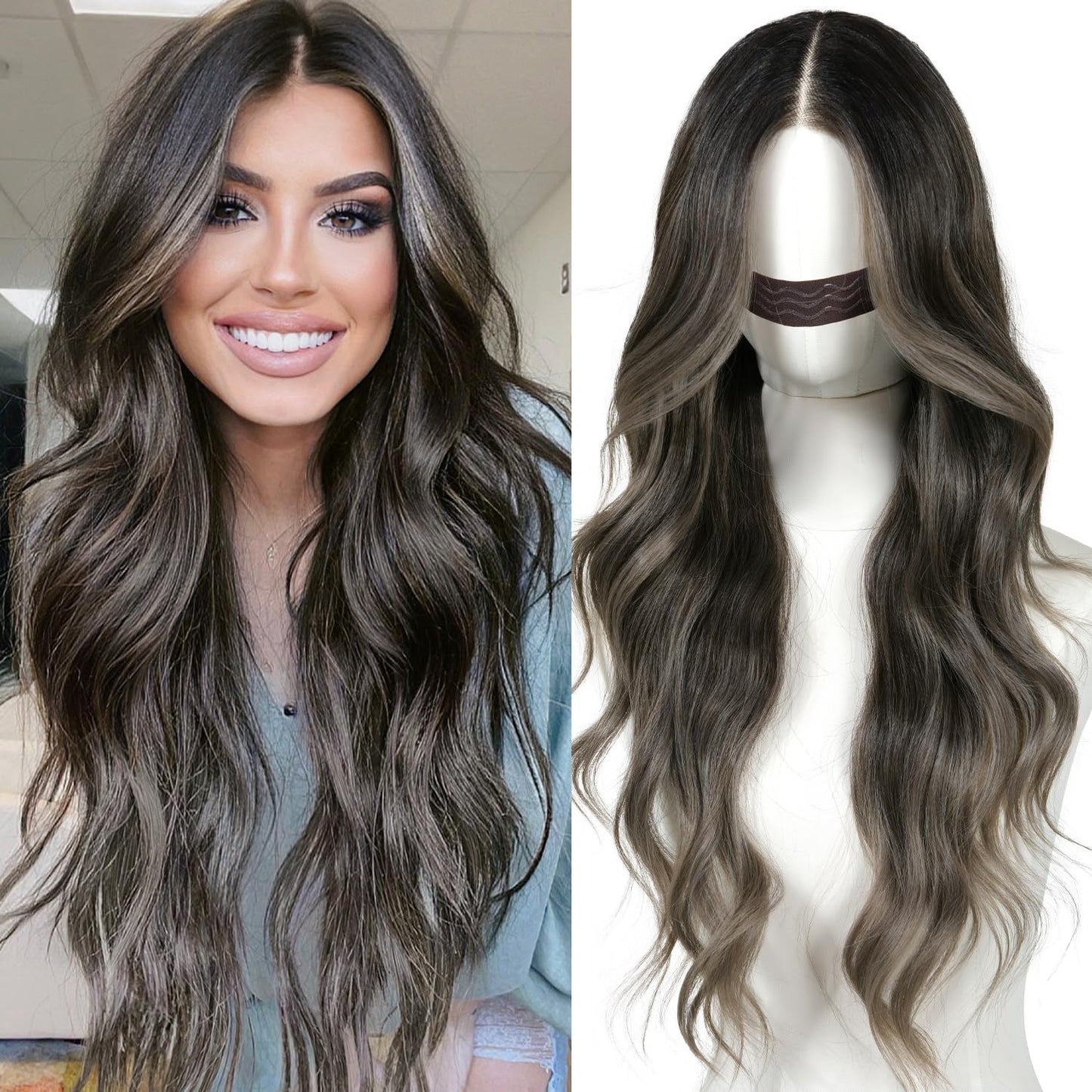 ENCOUNTERU Ombre Grey Wear and Go Glueless Wig with Bangs Body Wave Pre Plucked Synthetic Lace Front Gray Wigs for Women 13x5x1 Pre Cut Lace Glueless Ready to Wear Middle Part 26 Inch