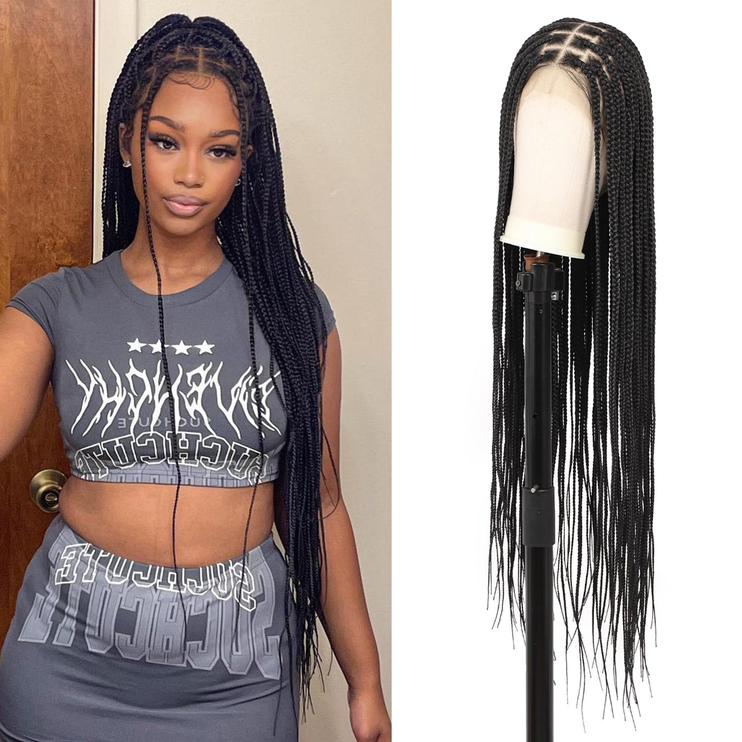 Olymei 360° Hd Full Lace Knotless Braided Wigs for Women Box Braid Wig with Baby Hair Premium Synthetic Long Black Braided Lace Front Wigs 36"