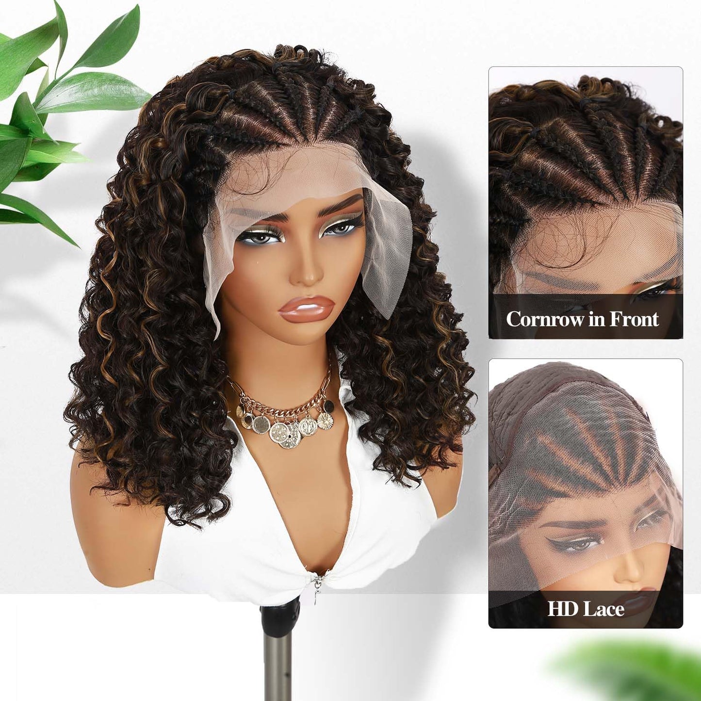 Fancy Hair Cornrow with Curly Hair Wig HD Lace Front Braided Wig with Baby Hair Pre Plucked Glueless Transparent 13x4 Inch Lace Frontal Wig for Black Women (2#/27#)