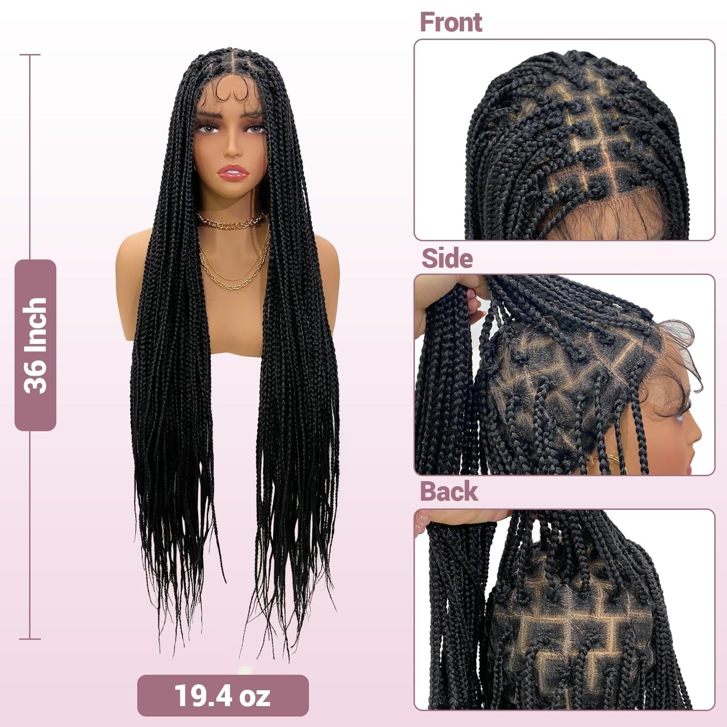 Janyuwool 36" Full Lace Knotless Braided Wigs Lace Frontal Box Braided Wigs for Black Women Human Hair Blended Full Double Lace Braid Wig with Baby Hair Braids Lace Front Wig for Women (Black)
