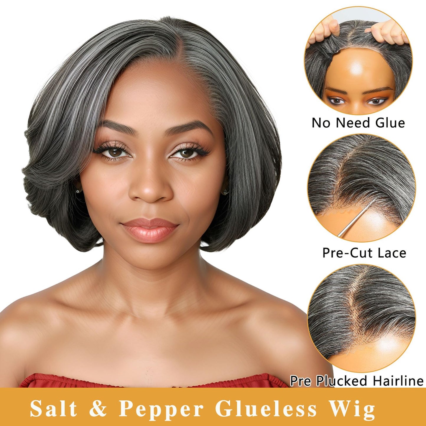 HANASCC Salt and Pepper Wigs for Women 10" Glueless Grey Short Bob Wigs Pre Plucked Body Wave Gray Human Hair Wig Pre Cut 5x5 HD Transparent Grey Glueless Lace Front Wigs for Women