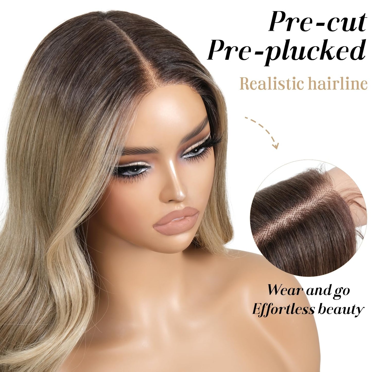 ENCOUNTERU Ombre Blonde Wear and Go Glueless Wig with Bangs Pre Plucked Body Wave Synthetic Lace Front Wigs for Women 13x5x1 Pre Cut Lace Dirty Blonde Wig Middle Part 26 Inch