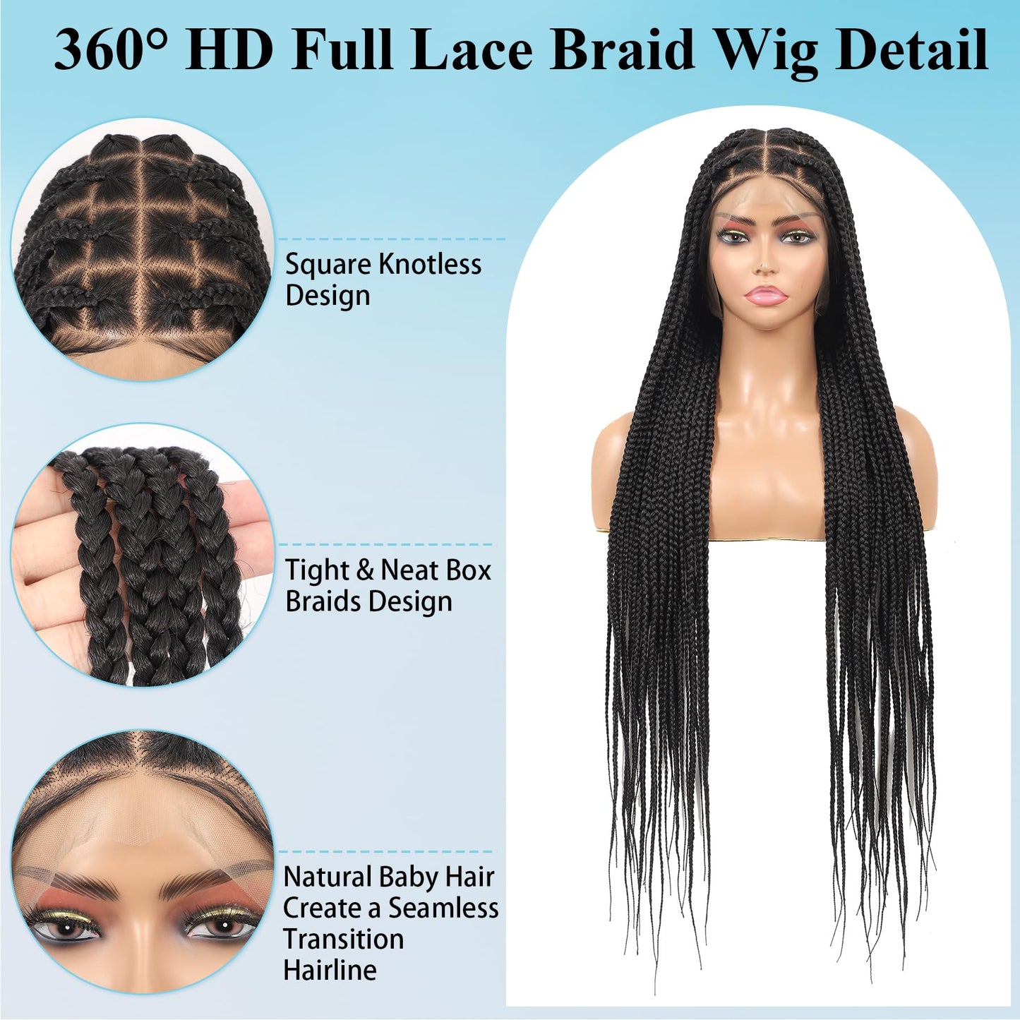 Olymei 360° HD Full Lace Large Square Knotless Braided Wigs for Women Box Braid Wig with Baby Hair Long Black Premium Synthetic Braided Lace Front Wigs 36"