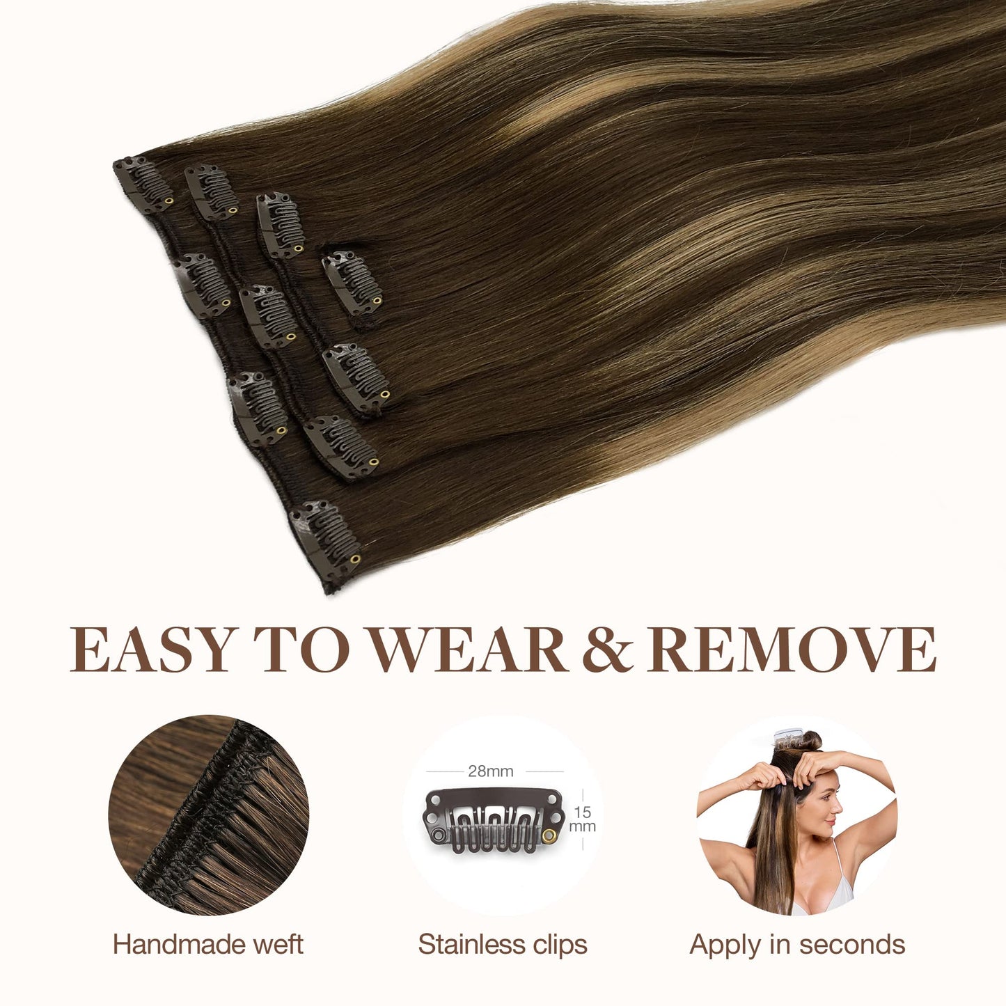 GOO GOO Clip in Hair Extensions Real Human Hair, Remy Human Hair Extensions Clip ins for Women, Natural Human Hair, 14inch 60g 4Pcs, 4/27/4 Balayage Chocolate Brown to Caramel Blonde