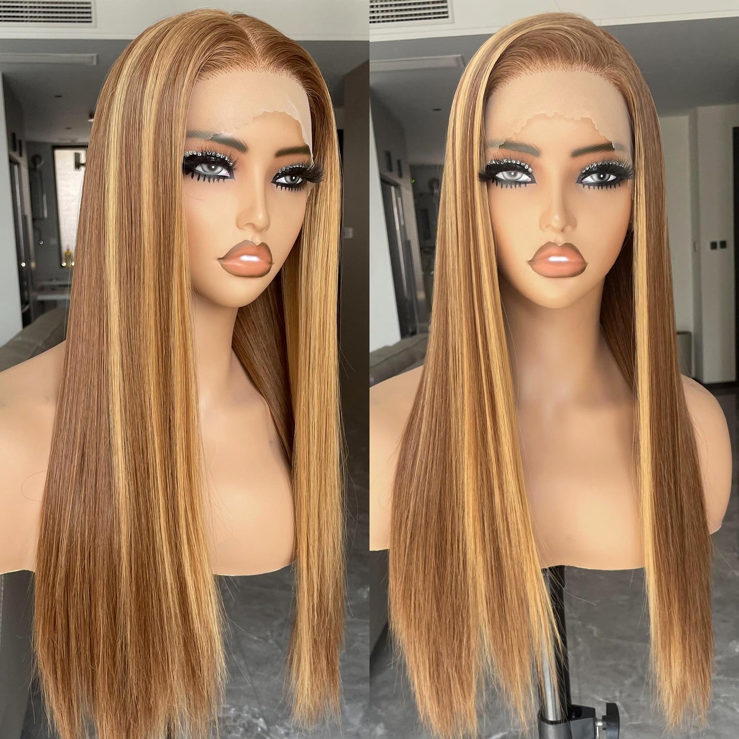 BLL Honey Blonde Wig, 13x4 Synthetic Lace Front Wigs Pre-Plucked Hd Lace Long Straight Sunkissed Highlights Glueless Wig For Black Women 26inch Suitable For Everyday Wear
