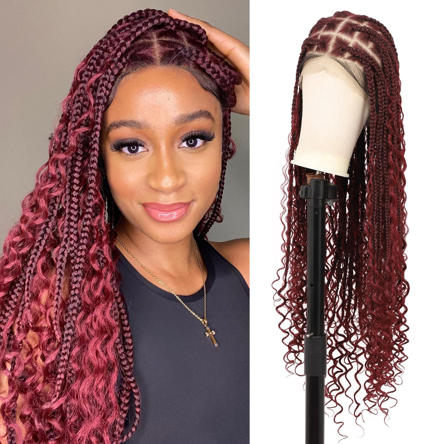 Olymei 360° HD Full Lace Knotless Braided Wigs for Black Women Boho Braided Wigs with Baby Hair Box Braid Wig Premium Synthetic Braid Lace Front Wig with Curly End Burgundy 36"