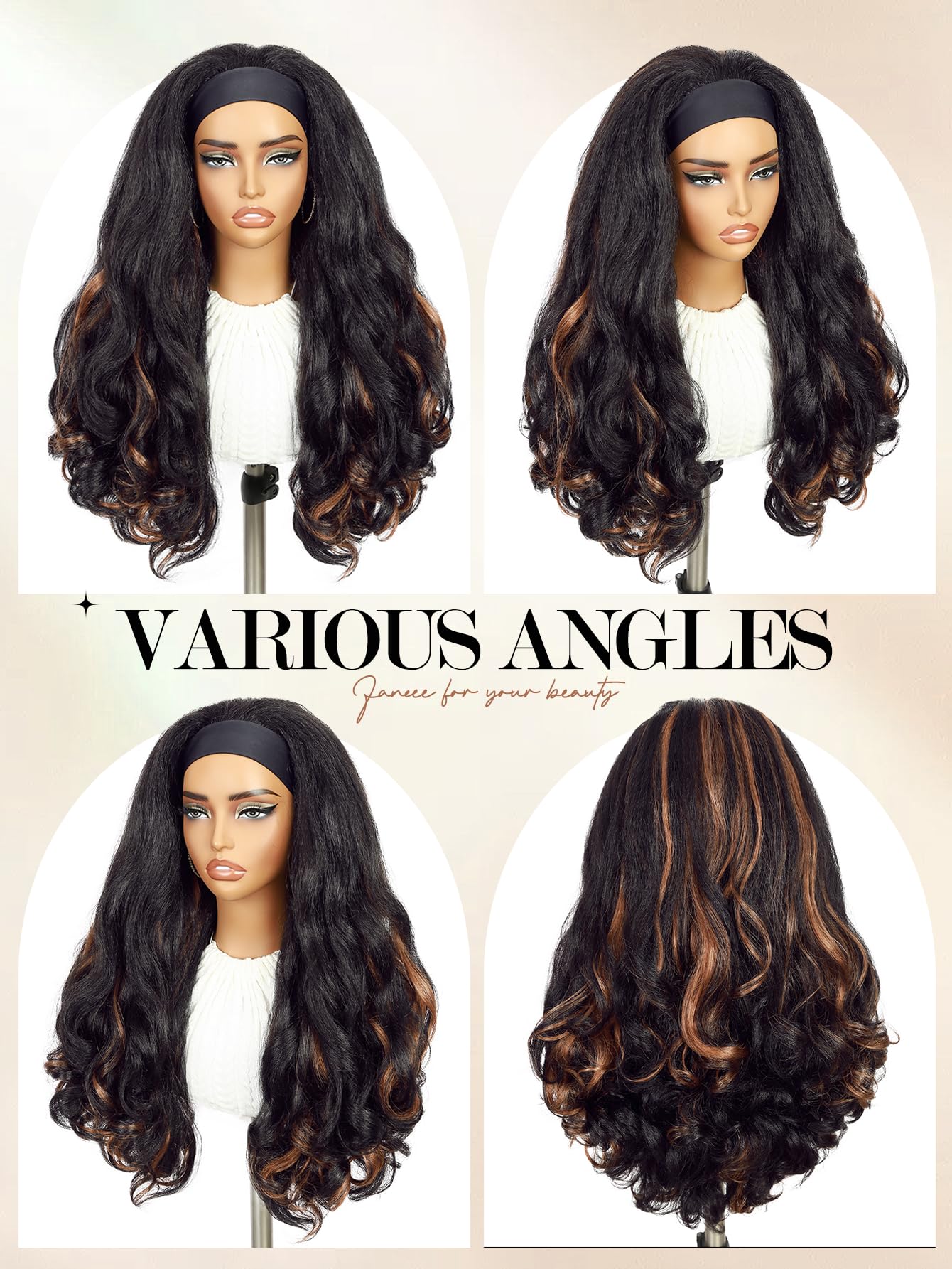 FANCEE Yaki Wavy Headband Wigs Brown Highlights Kinky Straight Wear and Go Wig with Curly Wavy Ends for Mom on the Go Synthetic Headband Blow Out Style Natural Hair Wig for Black Women P1B/30
