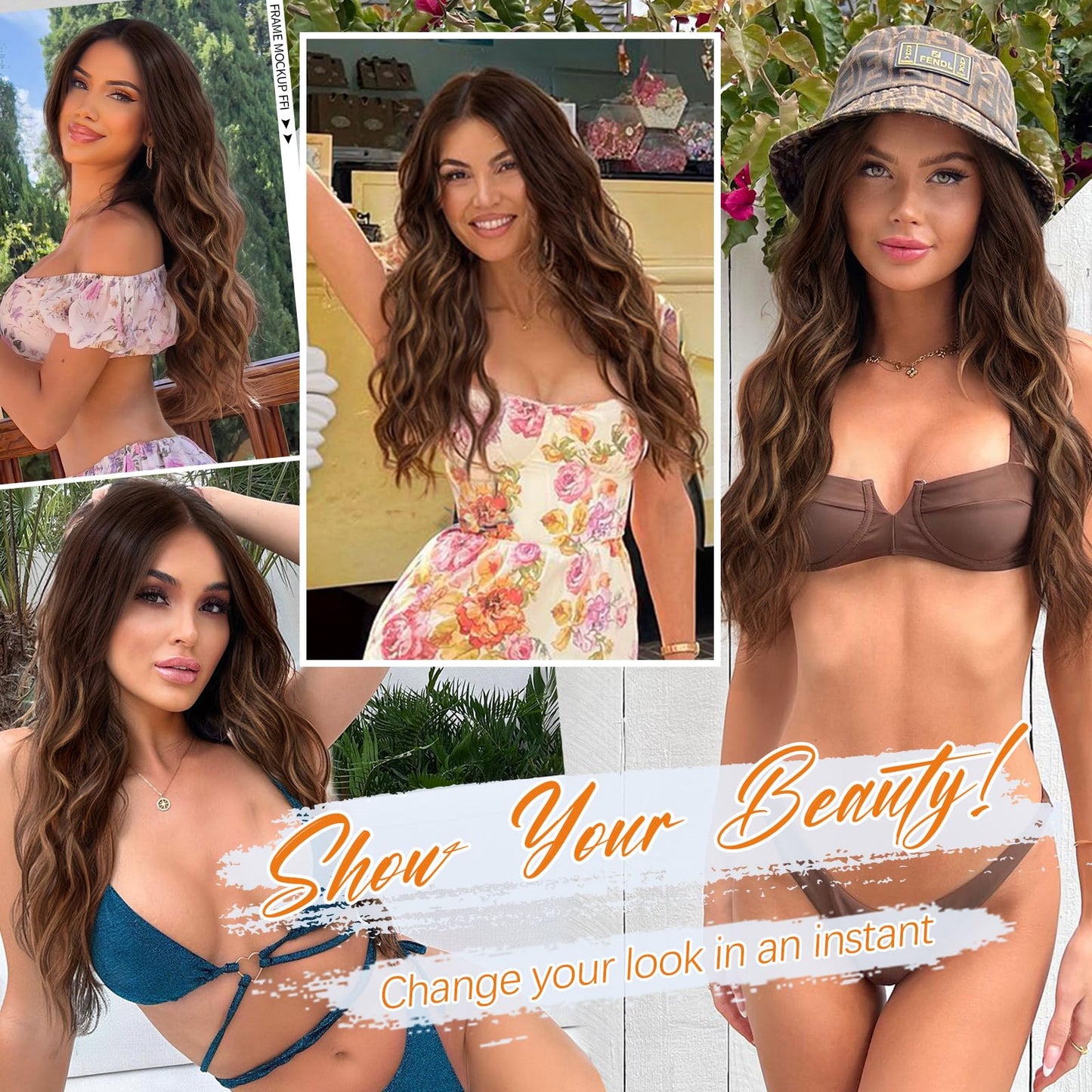 Nnzes Long Brown Wavy Wig with Highlights Middle Part Curly Wigs Lace Hairline Wigs for Women Ombre Brown Synthetic Heat Resistant Wigs for Daily Part Use