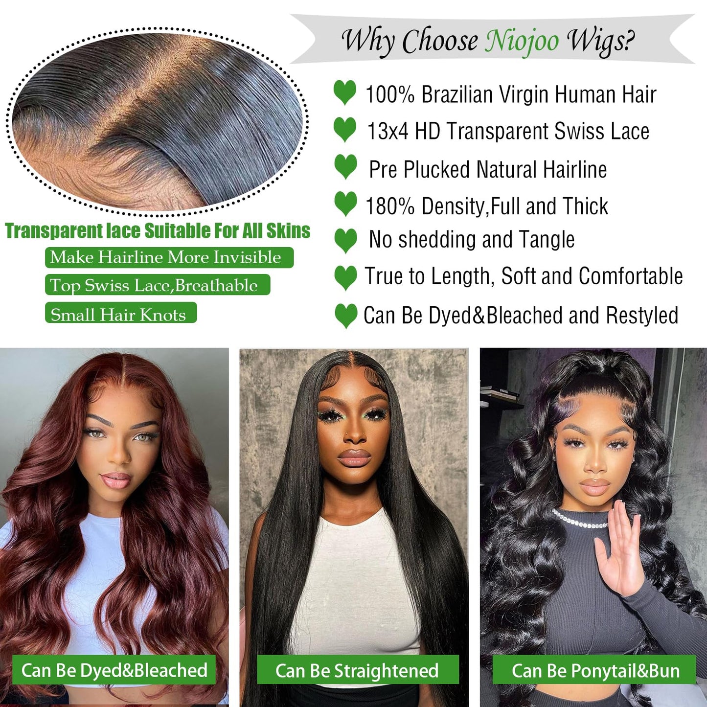 Niojoo 28 Inch Body Wave Lace Front Wigs Human Hair Pre Plucked 180% Density 13x4 HD Transparent Lace Frontal Glueless Wigs Human Hair Wigs for Women Natural Hairline With Baby Hair