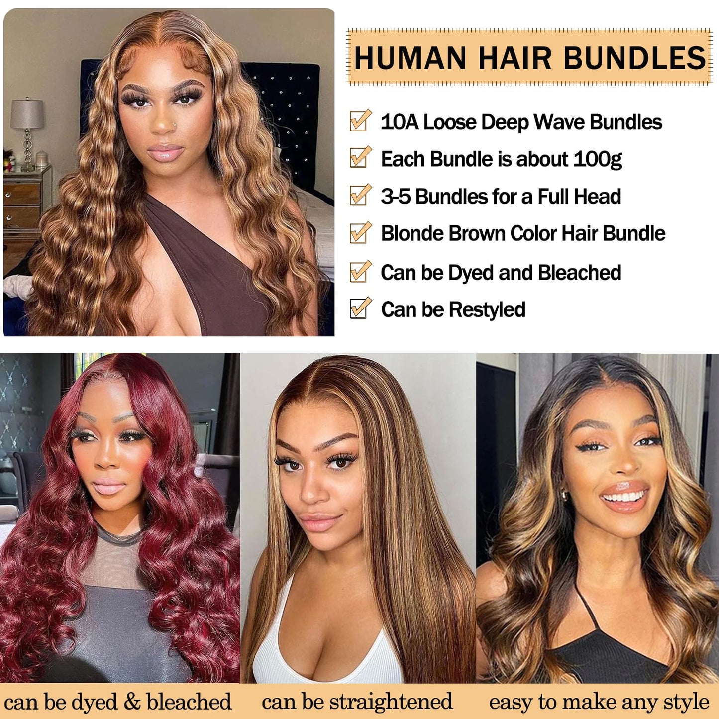 10A Human Hair Loose Deep Wave Bundles with Closure, P4/27 Colored Ombré Brazilian Bundles with 4x4 Free Part Lace Closure - Blonde, Brown (22, 24, 26+20inch)