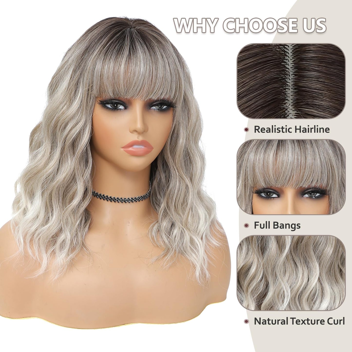 BEAUTIFA Ombre Gray Mix Blonde Wig with Bangs for Women 14 Inch Shoulder Length Short Bob Wavy Curly Wig Gray Mix Blonde Wig Heat Resistant Synthetic Wigs
