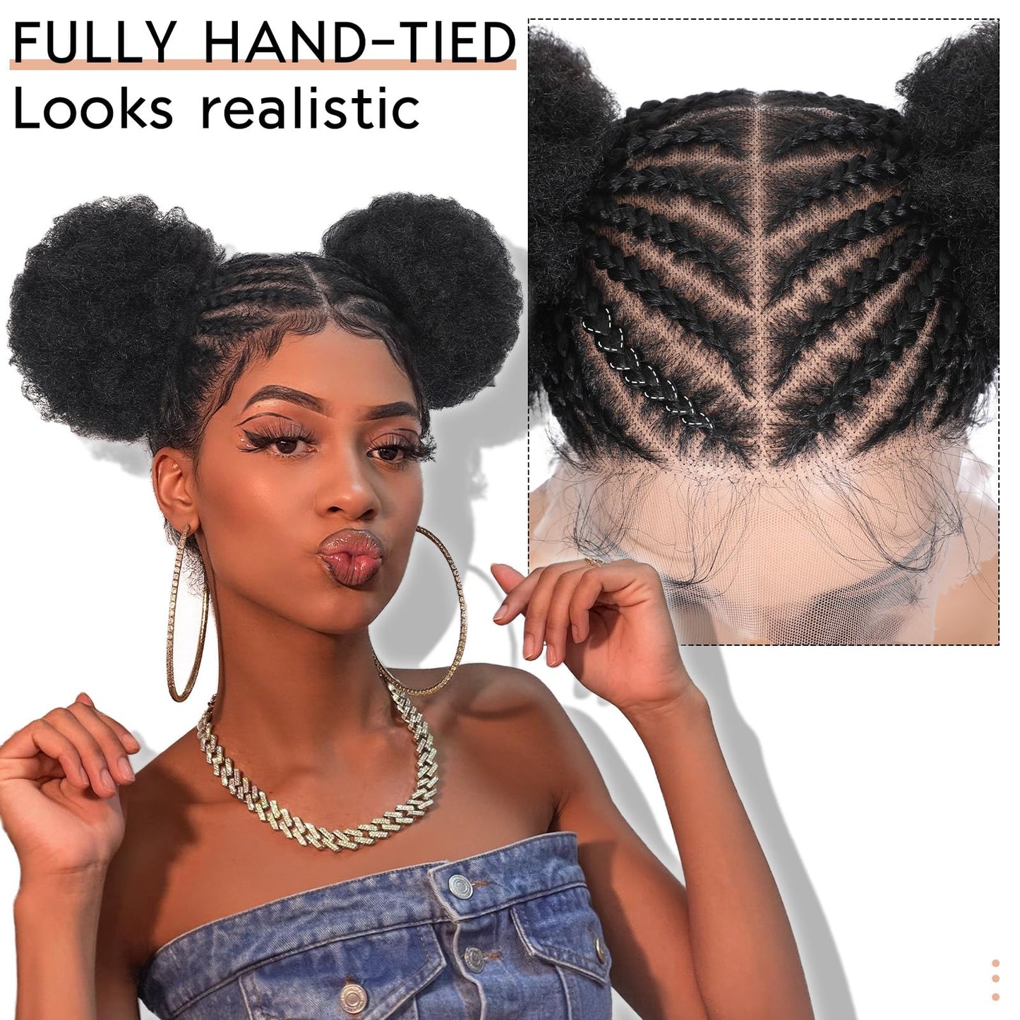 Lady Miranda Full Lace Braided Wig with Afro Puff Wigs for Black Women Short Braid Wig with Baby Hair Cornrow Box Braid Wigs for Black Women Short Lace Front Synthetic Fully Handmade Hair