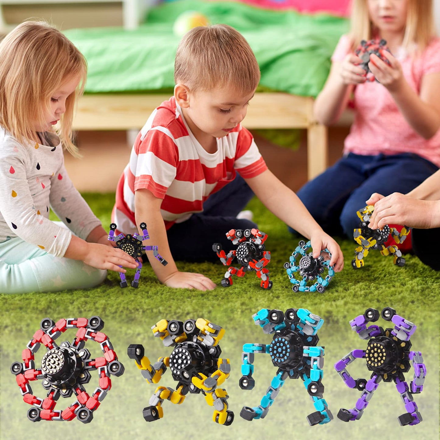Gokeey Transformable Fidget Spinners 4 Pcs for Kids and Adults Stress Relief Sensory Toys for Boys and Girls Fingertip Gyros for ADHD Autism for Kids Gifts (Fidget Toy 4pc)