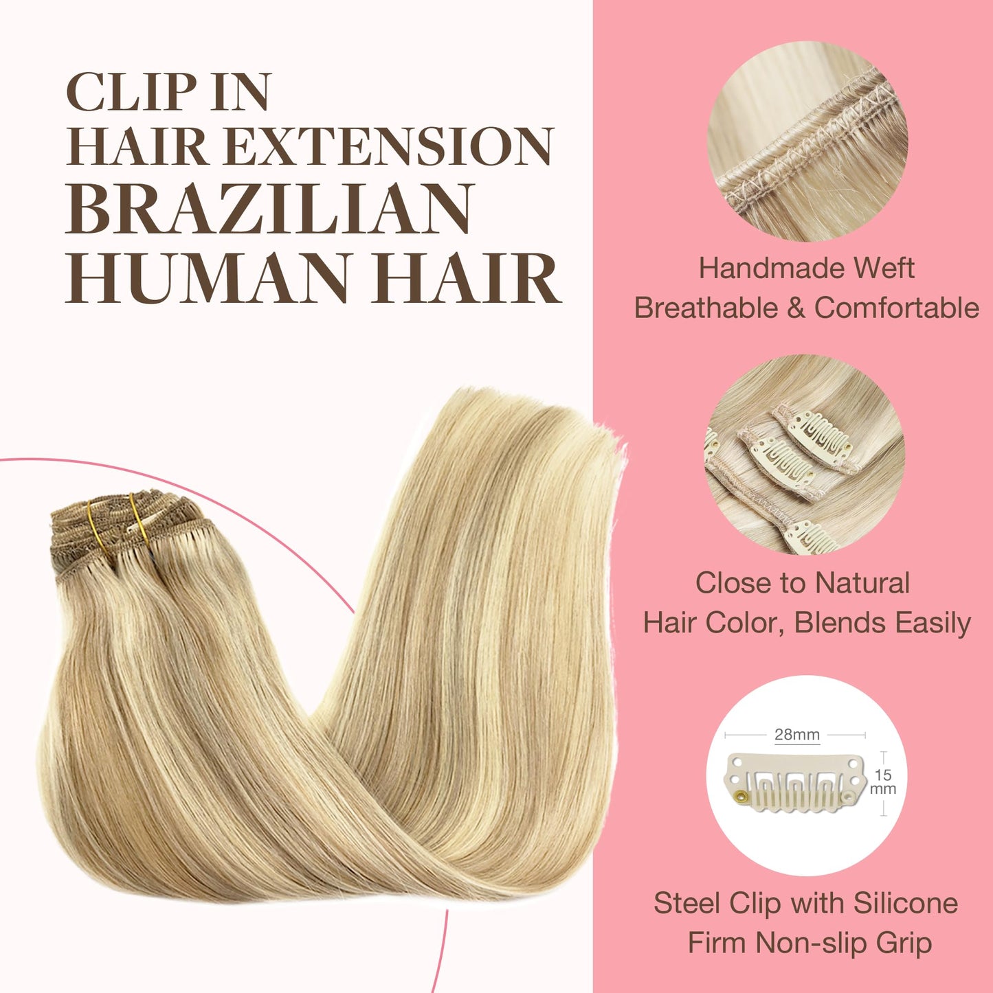 GOO GOO Clip in Hair Extensions Real Human Hair, Remy Human Hair Extensions Clip ins for Women, Natural Human Hair, 18inch 120g 7Pcs, 18A/613A Dark Blonde Highlighted Bleach Blonde