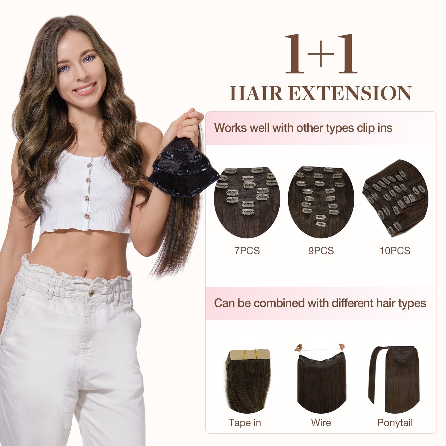 GOO GOO Clip in Hair Extensions Real Human Hair, Remy Human Hair Extensions Clip ins for Women, Natural Human Hair, 14inch 60g 4Pcs, 4/27/4 Balayage Chocolate Brown to Caramel Blonde