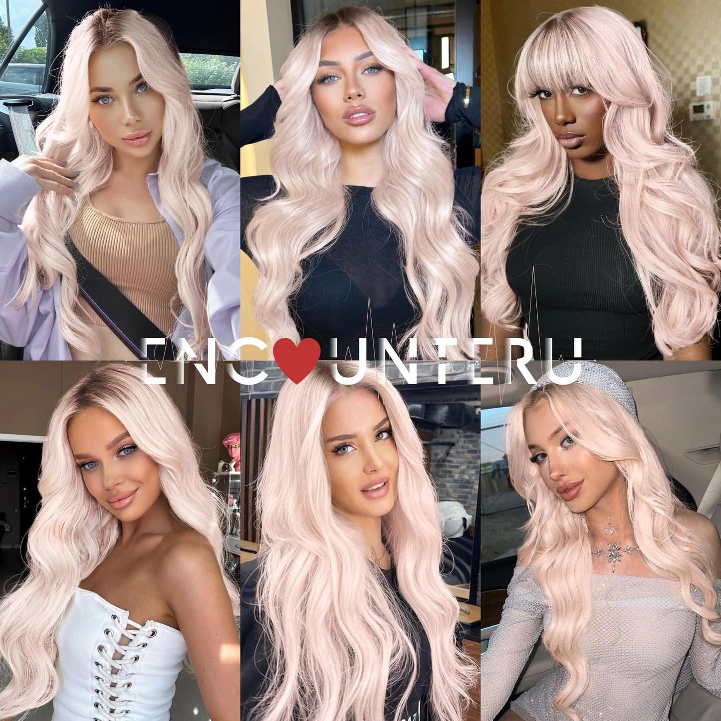ENCOUNTERU Wear and Go Glueless Pink Wigs For Women Body Wave Wig with Bangs Synthetic Lace Front Pre Plucked Pre Cut HD Lace Glueless Ready to Wear Wig Light Pink Middle Part 26 Inch