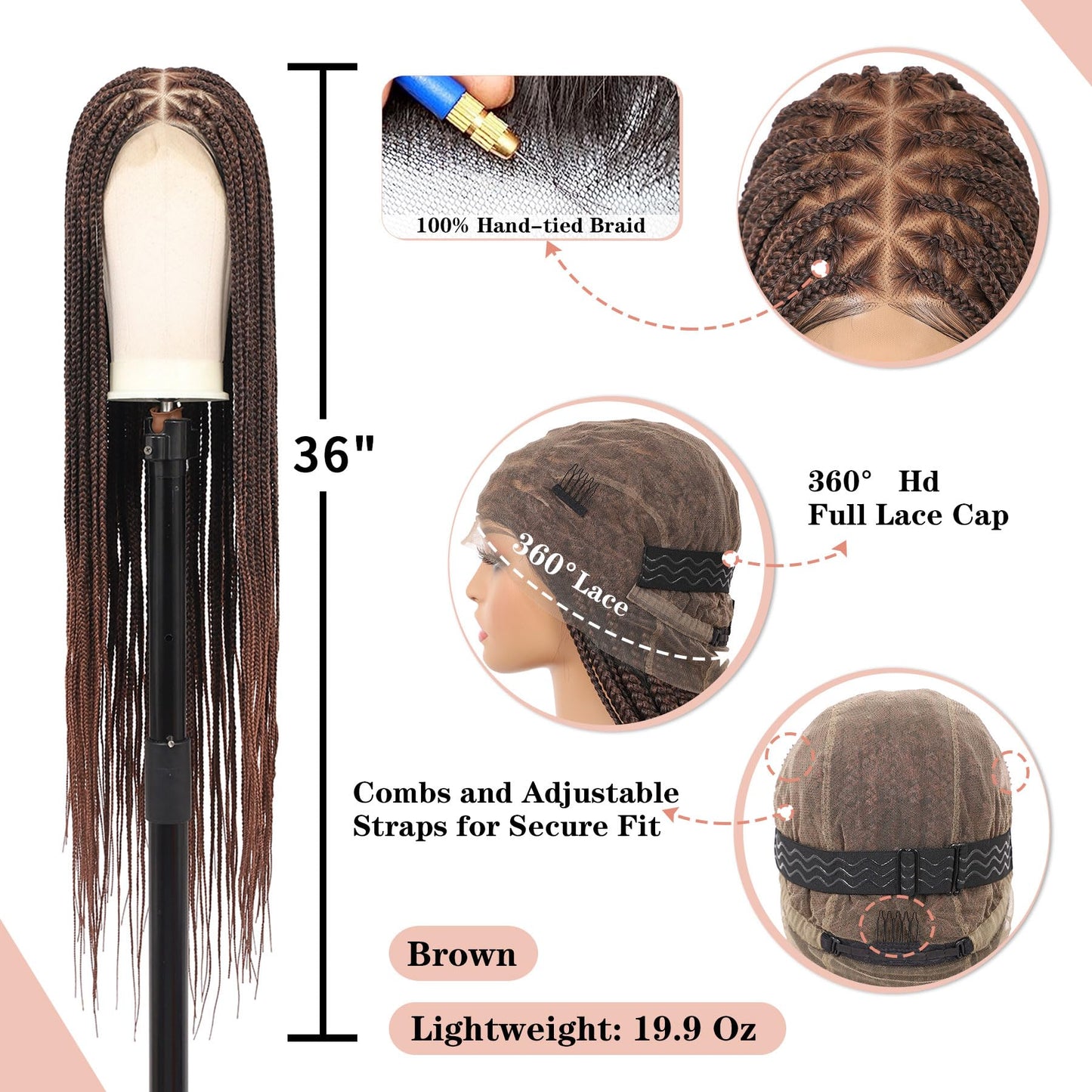 Lexqui 36" 360° HD Full Lace Braided Wigs with Boho Curly End Box Braid Wig with Baby Hair Ombre Brown Natural Triangle Knotless Braided Wigs for Women Synthetic Hair Braided Lace Front Wig