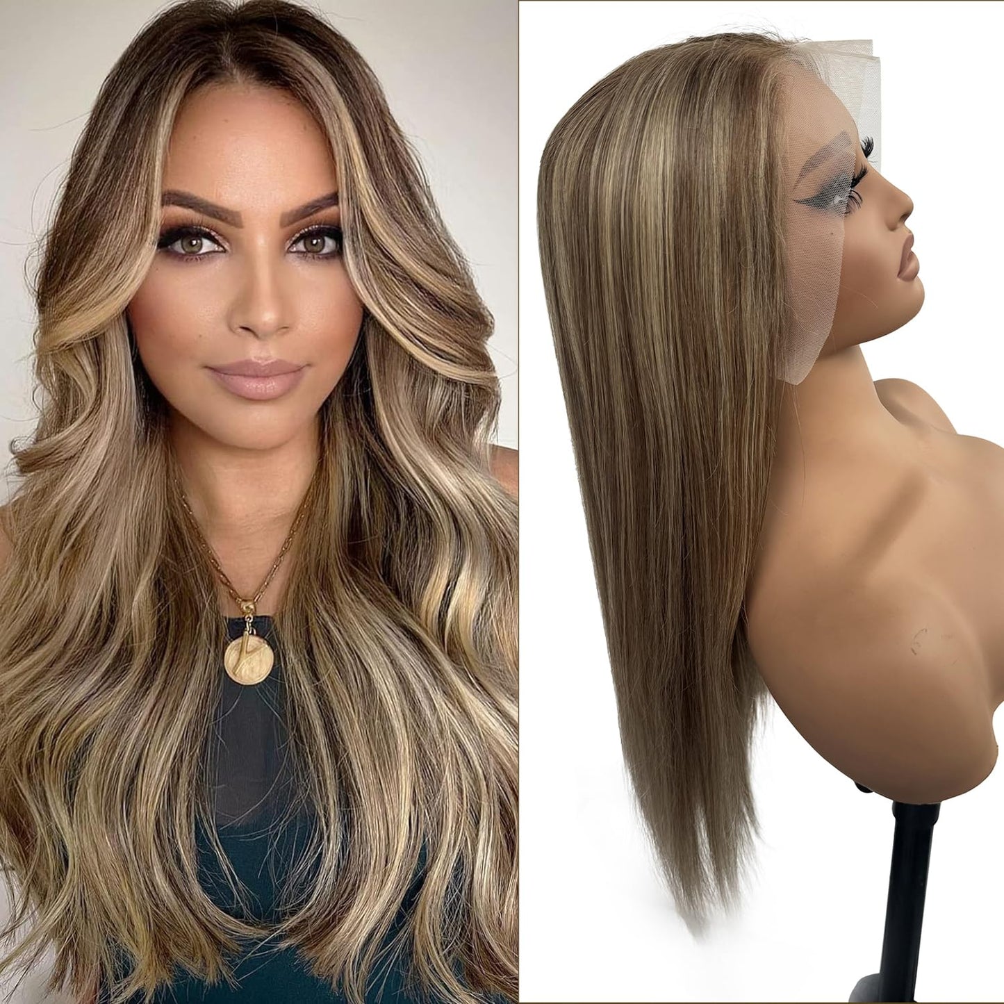 13x6 Ombre Lace Front Wigs Human Hair for Women Light Brown to Brown with Ash Blonde Highlights HD Straight Lace Closure Wig Glueless Remy Brazilian Virgin Hair 18 Inch Pre Plucked Bleached Knots