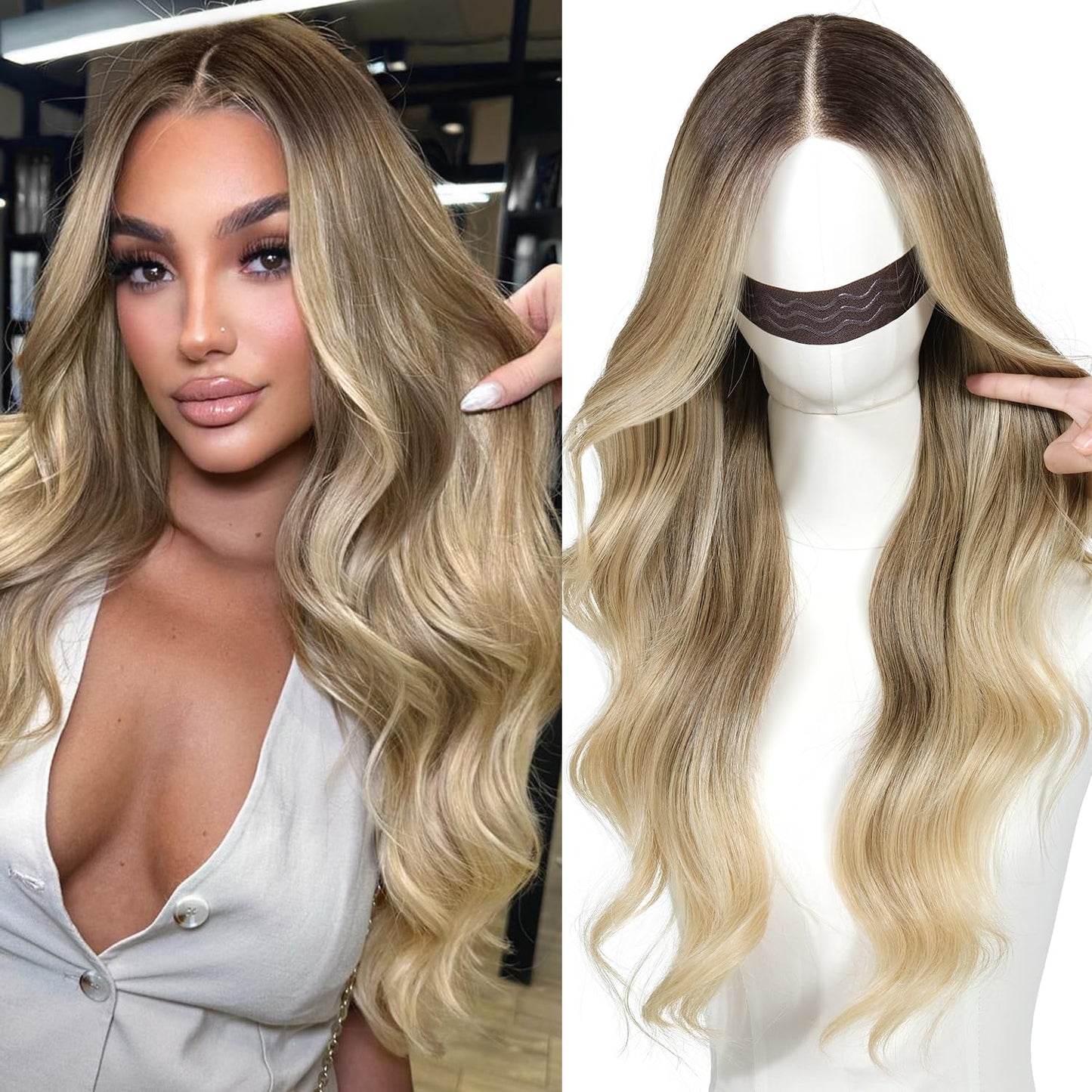 ENCOUNTERU Ombre Blonde Wear and Go Glueless Wig with Bangs Pre Plucked Body Wave Synthetic Lace Front Wigs for Women 13x5x1 Pre Cut Lace Dirty Blonde Wig Middle Part 26 Inch
