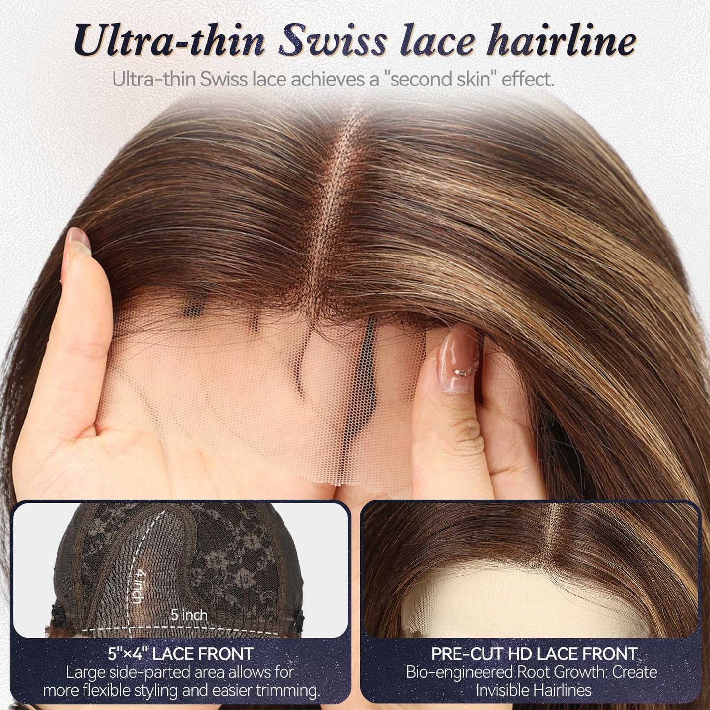 starluck Human Hair Wig Lace Front Wigs Real Human Hair Wigs For Women Wig Side Part 6"*5"*2" HD Lace Dark Brown with Blonde Highlights 12 Inch Realistic and Natural for Daily Party Use