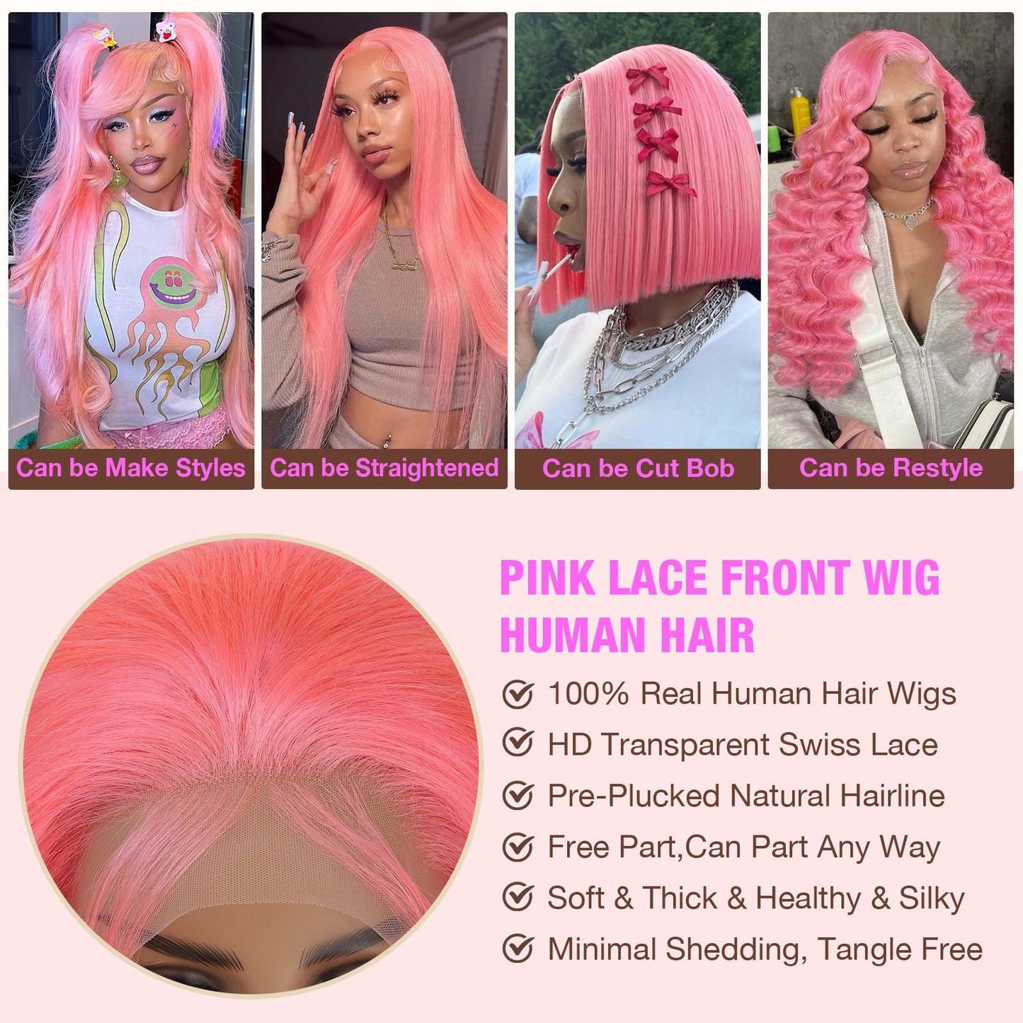 NKMR 13x6 Pink Lace Front Wig Human Hair Pink Wigs for Women Body Wave 13x6 Hd Lace Frontal Wigs Glueless Pre Plucked with Baby Hair(34Inch)