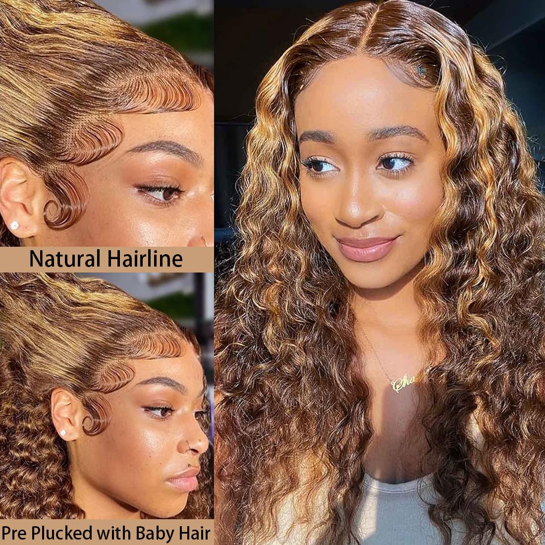 Ladoux Ombre Honey Blonde 13x6 HD Transparent Water Wave Lace Front Human Hair Wigs for Women 180% Density 4/27 Colored Highlight Curly Glueless Wigs 26Inch Pre Plucked with Baby Hair