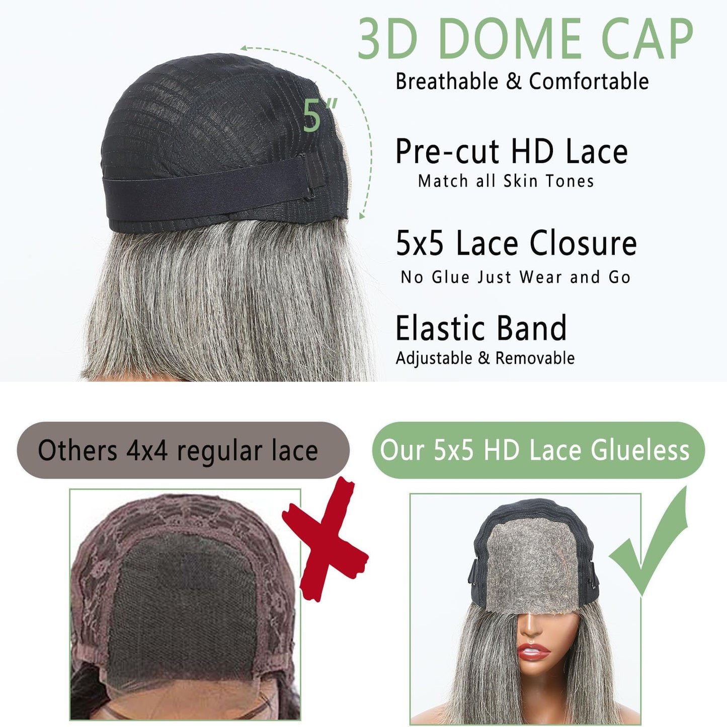 HANASCC 12" Salt and Pepper Human Hair Wigs Pre Plucked Grey Straight Short Bob Wig Pre Cut 5x5 Closure HD Transparent Gluelss Gray Lace Front Wigs for Women