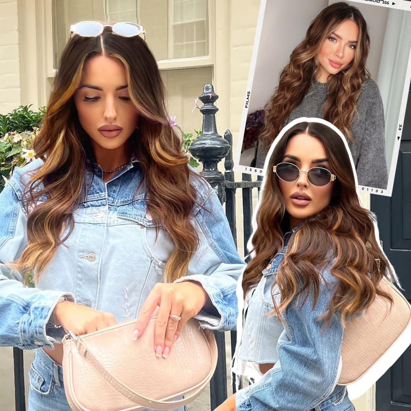 AISI HAIR Brown Highlight Wig for Women, Long Wavy Lace Hairline Middle Part Synthetic Heat Resistant Wig for Daily Party-26 Inch