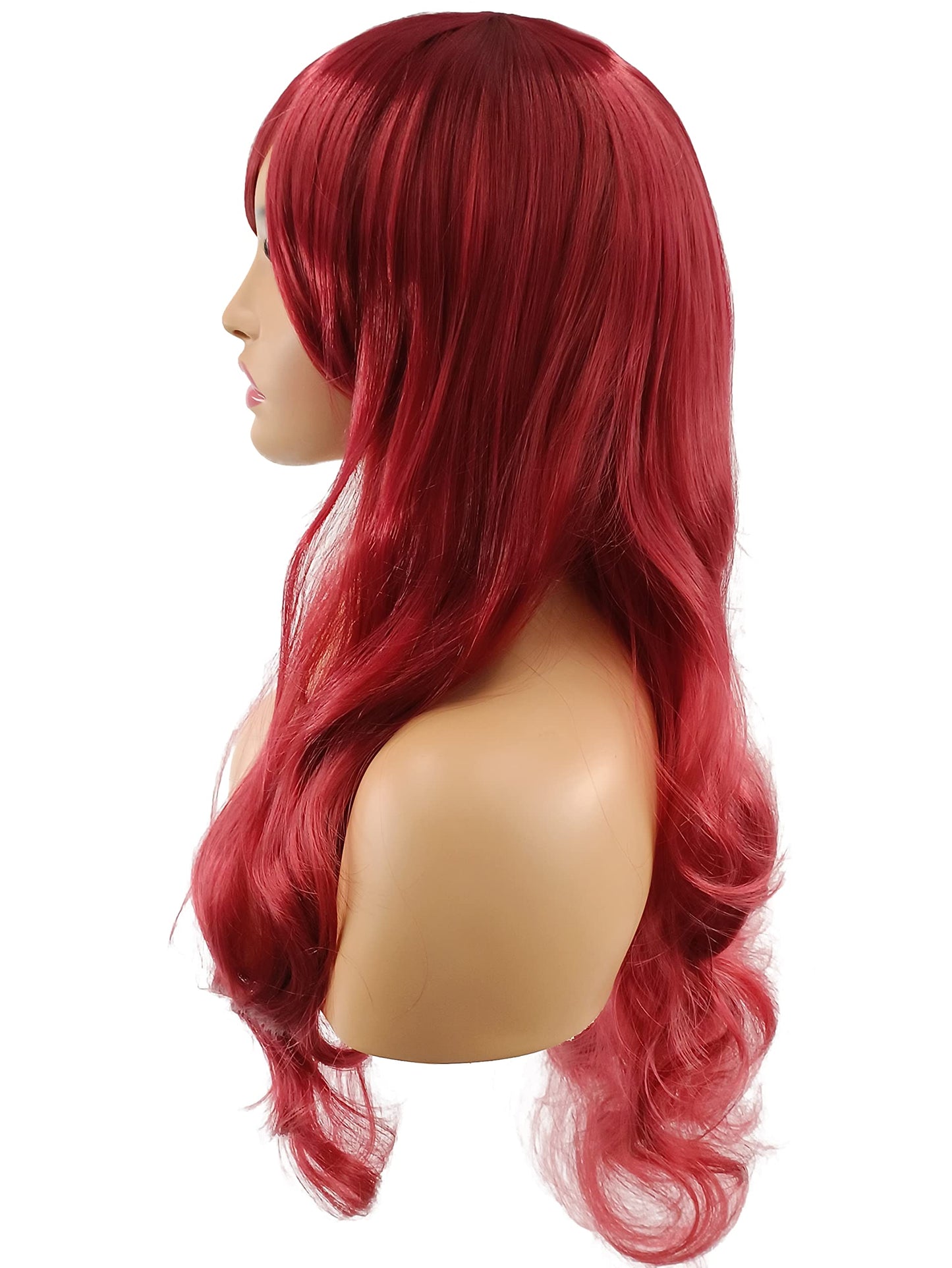 PORT&LOTUS Red Curly Wig Long Cosplay Wig With Bangs (Side Part) Wigs for Women Synthetic body Wave Wigs for White Women with Wig Cap Party Wigs for Black Women 26 inch burgundy